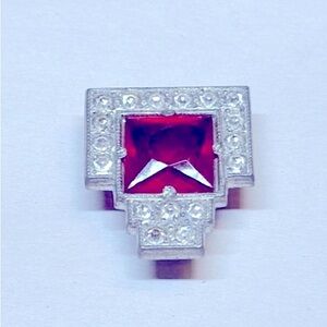 Antique Art Deco Dress Clip red faceted glass rhinestone border silver pot metal